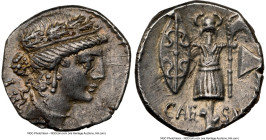 Julius Caesar, as Dictator (49-44 BC). AR denarius (17mm, 3.97 gm, 4h). NGC Choice XF 4/5 - 3/5, scuff, edge cut. Military mint traveling with Caesar ...