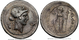 P. Clodius M.f. Turrinus (42 BC). AR denarius (19mm, 4h). NGC VF, bankers mark. Rome. Laureate head of Apollo right, hair rolled into chignon at back ...