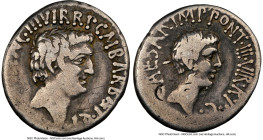 Marc Antony and Octavian, as Imperators and Triumvirs (43-33 BC) with Marcus Barbatius Pollio, as Quaestor Propraetor. AR denarius (18mm, 3.65 gm, 10h...