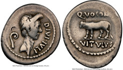 Divus Julius Caesar (49-44 BC), with Q. Voconius Vitulus, as Moneyer. AR denarius (20mm, 3.68 gm, 11h). NGC Fine 5/5 - 2/5, bankers marks. Rome, 40 BC...