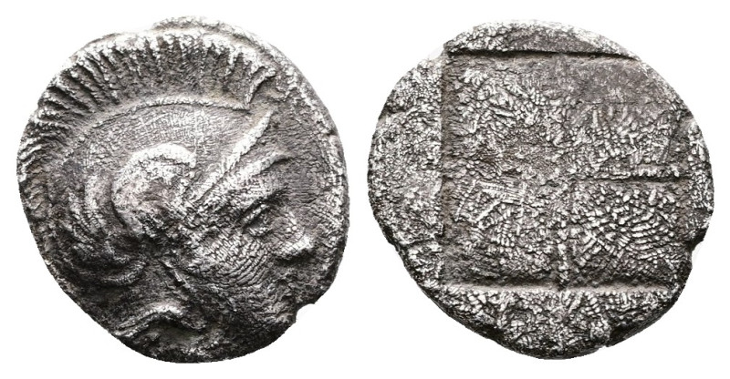 Macedon, Akanthos AR Diobol (16mm, 0,94 g.). Circa 430-390 BC. Head of Athena to...