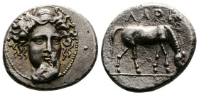 Thessaly, Larissa. Circa 400-380 BC. AR Drachm (20mm, 6.05 g.). Head of the nymph Larissa facing, turned slightly to the right, wearing ampyx. Rev. ΛΑ...