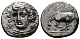 Thessaly, Larissa. Circa 356-342 BC. AR Drachm (19mm, 6.08 g.). Diademed head of the nymph Larissa facing slightly left, wearing ampyx, triple-pendant...