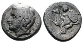 Thessaly. Larissa Kremaste. 4th. Century BC. Æ Trichalkon (18mm, 5,56 g.). Bare head of Achilles left. Rev. Thetis, holding shield of Achilles ornamen...