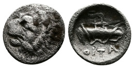 Thessaly, Oitaioi. Circa 360s-340s BC. AR Obol (11.5 mm, 0.78 g.), Herakleia Trachinia. Lion's head to left, with spear in its jaws. Rev. ΟΙΤΑ Bow and...