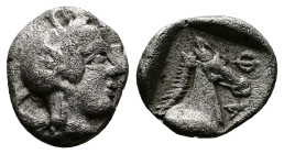 Thessaly, Pharsalos. Mid 5th century BC. AR Obol (10mm, 0.90 g.). Head of Athena to right wearing Attic helmet adorned with serpents. Rev. Φ-Α-[R] Hor...