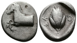 Thessaly, Skotussa. Circa 465-460 BC. AR Drachm (19 mm, 5.71 g.). Forepart of a horse to left. Rev. ΣΚ - Ο Barley grain; shown vertically in a lozenge...