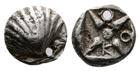 Islands off Epeiros, Korkyra AR Obol (8mm, 0,85 g.) Circa 525/10-490/70 BC. Scallop shell. Rev. Four pointed star of five pellets in incuse punch. Sim...