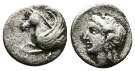 Akarnania, Anaktorion. Circa 330-300 BC. AR Triobol or Hemidrachm (11mm, 1.08 g.). Forepart of Pegasos right; AN monogram below. Rev. Laureate head of...