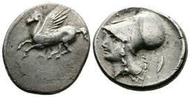 Akarnania, Leukas. Circa 400-375 BC. AR Stater (23 mm, 7.99 g.). Pegasos flying left; between wings and tail, below, Λ. Rev. Λ[EY] above Head of Athen...