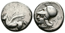 Akarnania, Leukas. Circa 350-320 BC. Stater (19 mm, 8.28 g.). Pegasos with straight wings flying to left [Λ] . Rev. Head of Athena to left, wearing Co...