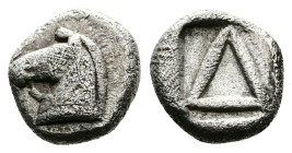 Akarnania, Leukas. Circa 470-450 BC. AR Diobol (8,3 mm, 0.85 g.). Λ Horse's head to left. Rev. Δ within rectanguar incuse. BCD -. BMC -. SNG Copenhage...