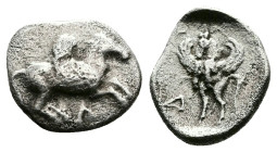 Akarnania, Leukas. Circa 440-400 BC. AR Diobol (10,5 mm, 0.71 g.). Λ Pegasos with curled wing flying to right. Rev. ΔΙ[Ο] Pegasos rearing facing, turn...