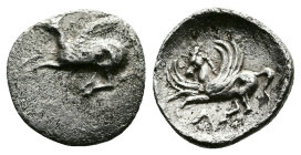 Akarnania, Leukas. Circa 400-375 BC. AR Diobol (11mm, 0,70g.). Pegasos flying left. Rev. Pegasos flying left Λ below. BCD Akarnania 190.1; SNG Copenha...