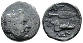 Aitolia, Aitolian League. Circa 290-220 BC. AE (18.2 mm, 5.12 g.). Laureate head of Apollo to right. Rev. ΑΙΤΩ/ΛΩΝ Spearhead above jawbone; to left, g...