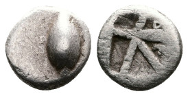 Boiotia, Orchomenos. Circa 500-480 BC. AR Obol (1.09 g). Wheat grain, sprouting end upward / Aeginetan-style skew pattern incuse; E-R across lower two...