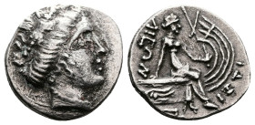 Euboia, Histiaia. 3rd-2nd centuries BC. AR Tetrobol (14,3 mm, 1,67 g.). Wreathed head of nymph Histiaia to right. Rev. IΣTI-AIEΩN Nymph seated right o...