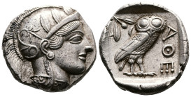 Attica. Athens. Circa 449-404 BC. AR Tetradrachm (25,4mm, 17.1 g.) 430s. Head of Athena to right, wearing crested Attic helmet adorned with three oliv...