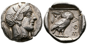 Attica. Athens. Circa 449-404 BC. AR Tetradrachm (25,6 mm, 17.2 g.), mid 440s. Head of Athena to right, wearing crested Attic helmet adorned with thre...