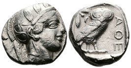 Attica. Athens. Circa 449-404 BC. AR Tetradrachm (24,1mm, 17,1 g.) 420s. Head of Athena to right, wearing crested Attic helmet adorned with three oliv...