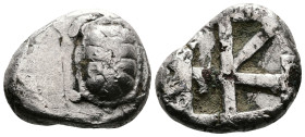 Islands off Attica, Aegina. Circa 445/4-430 BC. AR Fourée Stater (21mm, 9,65 g.). Land tortoise with segmented shell. Rev. Large square incuse with he...