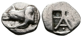 Peloponnesos. Argolis, Argos. Circa 480s-460s. BC. AR Triobol ( 15mm, 2.57 g.). Forepart of wolf to left, both legs parallel to the neck, as if the wo...