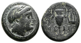 Aiolis, Myrina Circa 2nd.-1st. Century BC.Æ (16mm. 3,73 g.). Laureate head of Apollo to right. Rev. Amphora with lyre to right; MY-PI across fields. S...