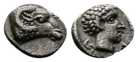 Caria, Kasolaba. Circa 450-400 BC. AR Hemiobol Milesian standard (8mm, 0,48 g.). Head of ram to right. Rev. Youthful male head to right; Karian letter...