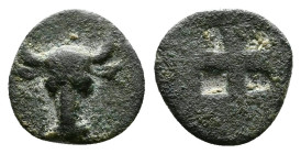 Troas, Lamponeia. Mid 5th. Century BC. AR Hemiobol (8mm, 0.31 g). Boukranion facing. Rev. Quadripartite incuse square. SNG Arikantürk I 629–31; SNG As...