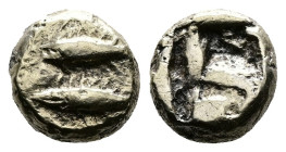 Mysia. Kyzikos. Ca. 600-550 BC. Electrum Hemihekte – 1/12 Stater (7,5 mm, 0,96 g.) Two Tunny fish to left. Rev. Quadripartite incuse. Hurter & Liewald...