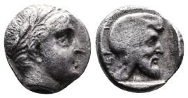 Mysia, Pergamon. Circa 450 BC. AR Diobol (11mm, 1.59 g.). Laureate head of Apollo right. Rev. Bearded head right, wearing Persian tiara, within incuse...