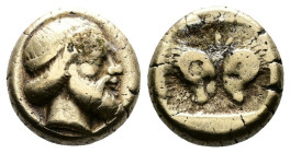 Lesbos, Mytilene. Circa 454-427 BC. EL Hekte (11mm, 2.32 g.). Diademed head of Silenos right. Rev. Two ram heads butting each other, palmette with thr...