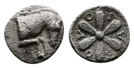 Aeolis, Kyme. 4th century BC. AR Hemiobol (7mm, 0.34 g.). K-Y Forepart of horse to right. Rev. Σ-O-Λ-O-T-A Rosette of six petals. Very Fine +. Cf. CNG...