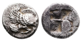 Ionia, Klazomenai. Circa 499-494 BC. AR Diobol (9mm, 1.06 g.). Forepart of a winged wild boar flying to right. Rev. Quadripartite incuse square. SNG C...