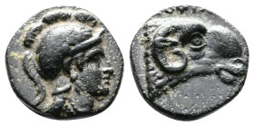 Ionia, Klazomenai. Circa Mid. 4th Century BC. AE (12mm, 1,58 g.). Head of Athena to right, wearing crested Attic helmet. Rev. Ram's head to right; mag...