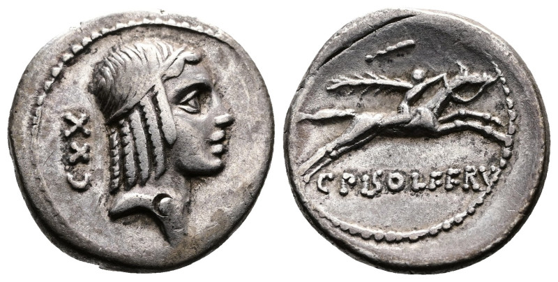 L. Calpurnius Piso Frugi 61 BC. Rome. AR Denarius (17mm, 3.9 g.). Head of Apollo...