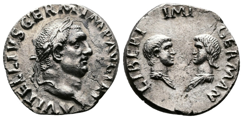 Vitellius, with his children. AD 69. AR Denarius (18mm, 2,9 g.). Dynastic issue....