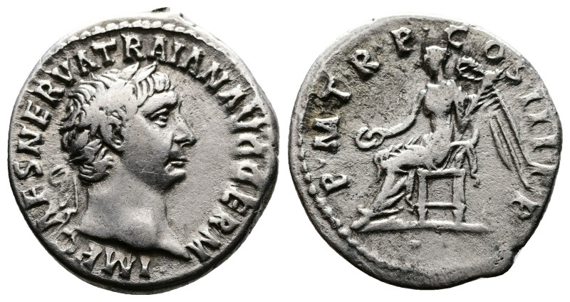 Trajan, 98-117 AD. AR Denarius (20mm, 3,2 g.). Struck in Rome in 100 AD. IMP CAE...