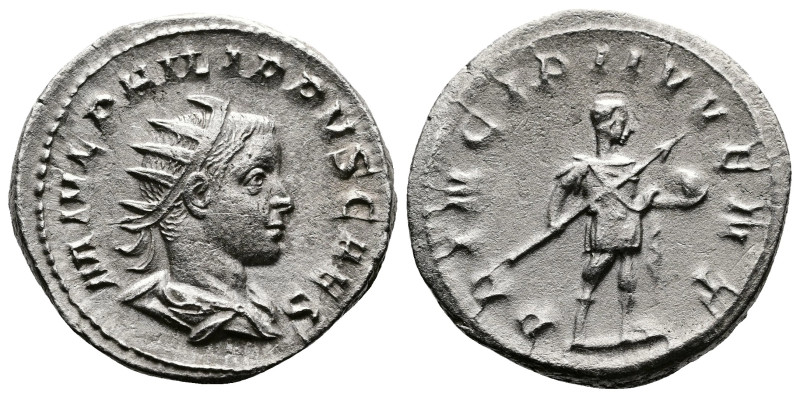 Philip II as Caesar, 244-247 AD. AR Antoninianus (23 mm, 4.70 g.). Rome, 245 AD....