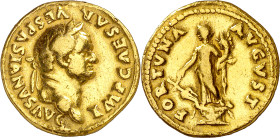 (74 d.C.). Vespasiano. Áureo. (Spink 2251 var) (Co. 172) (RIC. 699) (Calicó 631a). Sirvió como joya. 7 g. (MBC).