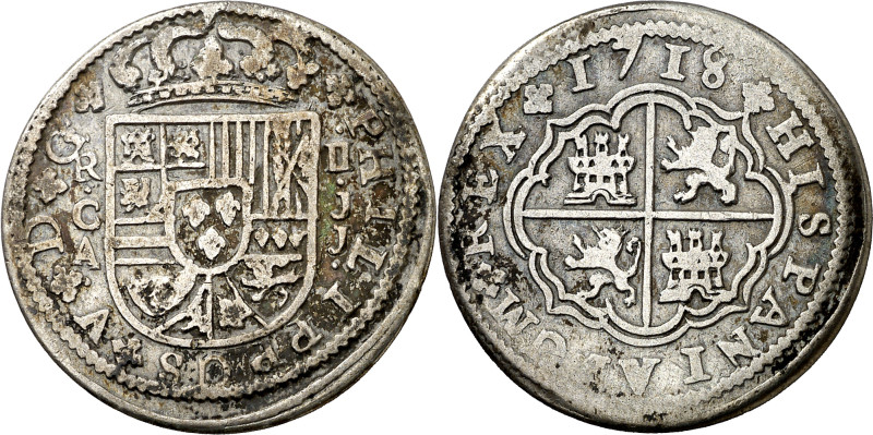 1718. Felipe V. Cuenca. JJ. 2 reales. (AC. 670). 4,86 g. MBC-.