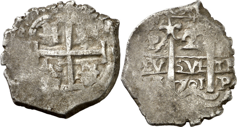 1701. Felipe V. Potosí. (Y). 2 reales. (AC. 875). Doble ceca. 6,13 g. MBC-.