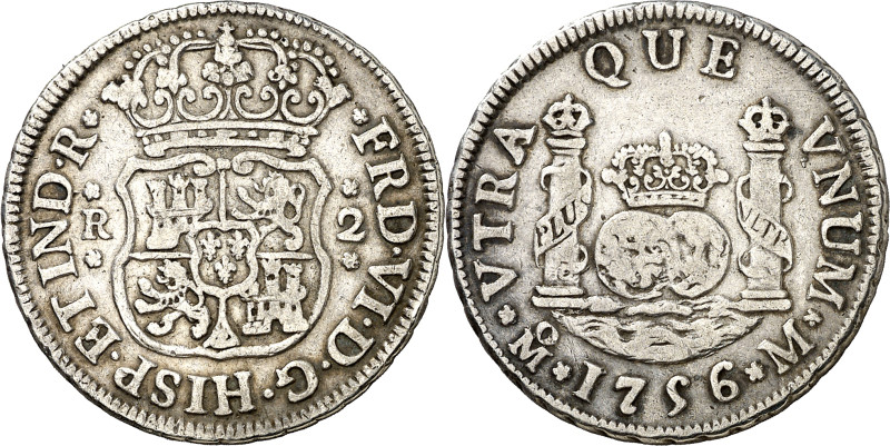 1756. Fernando VI. México. M. 2 reales. (AC. 299). Columnario. Escasa. 6,61 g. M...