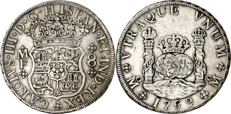 1769. Carlos III. México. MF. 8 reales. (AC. 1095). Columnario. Pequeños resello...