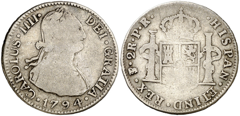 1794. Carlos IV. Potosí. PR. 2 reales. (AC. 659). Ex Áureo & Calicó 03/06/2021, ...