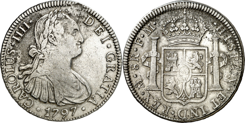 1797. Carlos IV. México. FM. 8 reales. (AC. 960). Limpiada. 26,73 g. BC+.