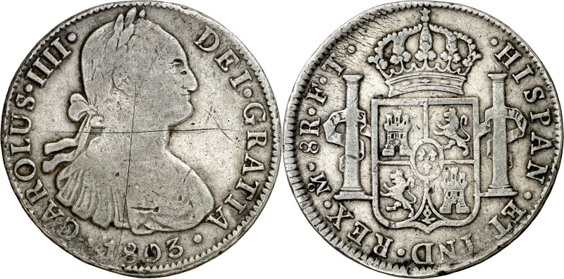 1803. Carlos IV. México. FT. 8 reales. (AC. 977). Rayas en anverso. 26,54 g. (BC...