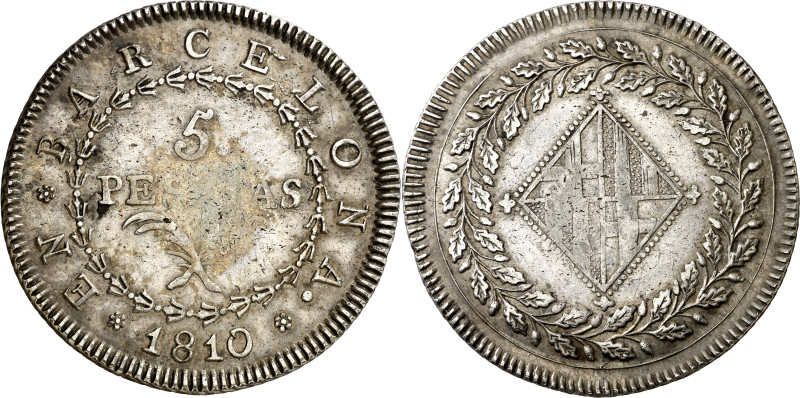 1810. Catalunya Napoleónica. Barcelona. 5 pesetas. (AC. 46). Escasa. 26,92 g. MB...