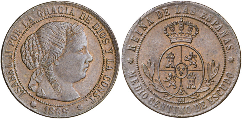 1868. Isabel II. Sevilla. OM. 1/2 céntimo de escudo. (AC. 212). Golpecitos. 1,22...