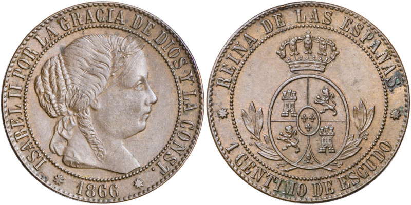 1866. Isabel II. Barcelona. 1 céntimo de escudo. (AC. 213). Sin OM. 2,50 g. EBC-...